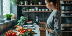 health coaching at althletic mentors in richland, mi depicted by a woman looking at healthy food choices on her kitchen counter